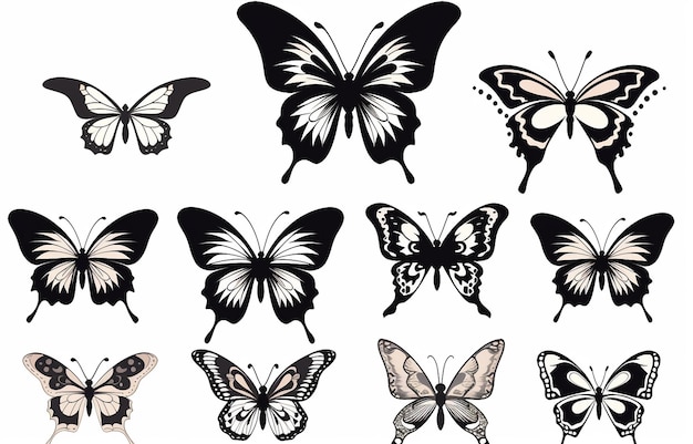 Modern art plants butterfly animals horses white background