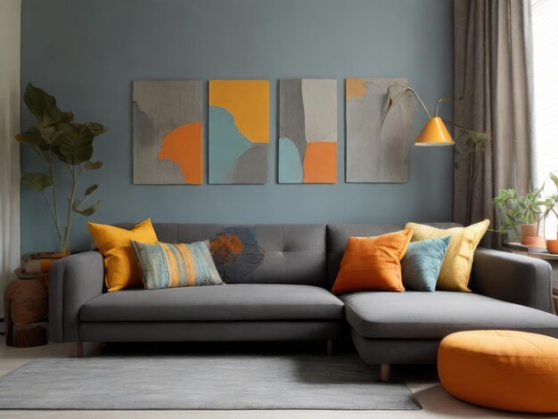 Modern art in space gray wall with abstract geometric paintings