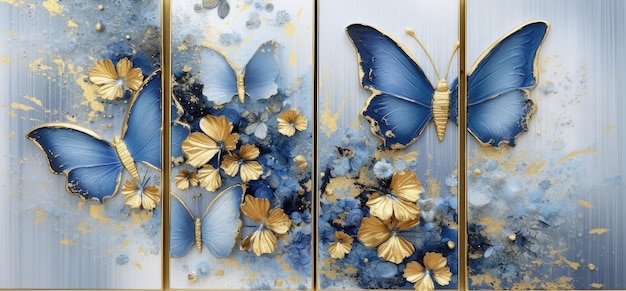 Modern Art with Blue and Gold Butterflies on Abstract Background