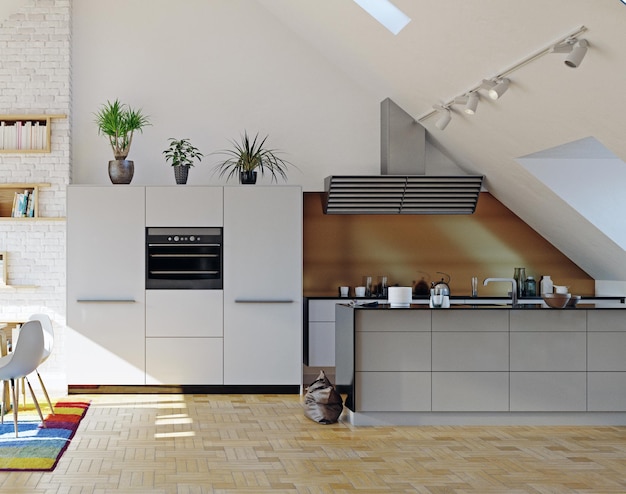 modern attic kitchen interior