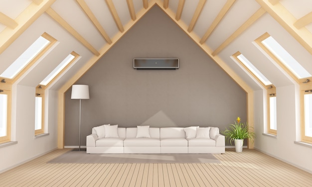 Modern attic with white sofa and air conditioner on wall