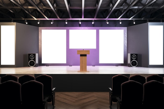 Foto interno moderno dell'auditorium con manifesti vuoti e pavimenti in legno e riflessi speaker e concetto di presentazione mock up 3d rendering