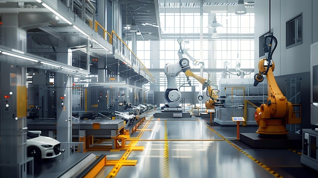 Modern automated car factory floor with robotics technology Industrial revolution and futuristic manufacturing Hightech facility producing vehicles AI