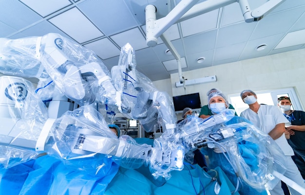 Modern automated medical device. Surgical room in hospital with robotic technology equipment. Machine arm neurosurgeon.