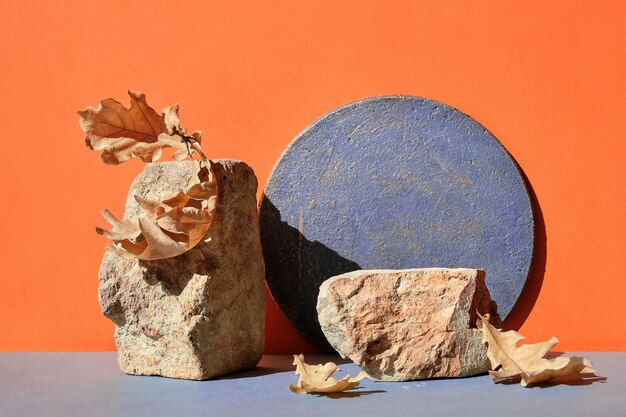 Modern Autumn brick podium in orange and grey with natural decorations