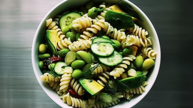 Modern avocado and edamame pasta salad AI generated