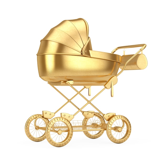 Modern Baby Golden Carriage, Stroller, Pram Mock Up on a white background. 3d Rendering