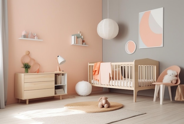 Modern baby room interior with stylish furniture and toys generative ai