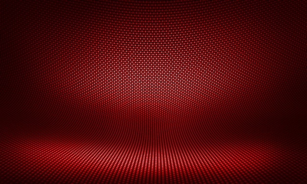 Modern background with distorted red carbon fiber smooth on surface under angle. Textured interior studio with light.