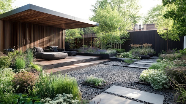 modern backyard patio with wooden pergola gravel pathways and lush landscaping