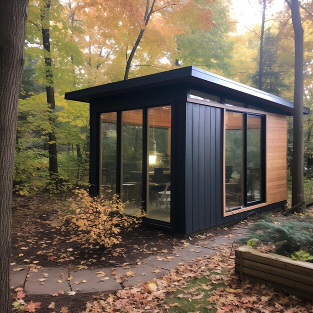 Photo modern backyard writing studio with large windows surrounded by colorful fall trees