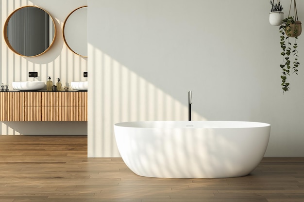 Modern badkamerinterieur met donkerbruine parketvloer twee wastafels dubbele spiegels witte badkuip interieurplanten Minimalistische badkamer met modern meubilair en uitzicht op de stad 3D-rendering