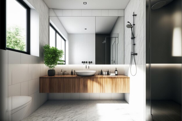 Modern badkamerinterieurontwerp Luxe en toch minimalistisch, schoon, helder en hygiënisch, ruime badkamer met wi