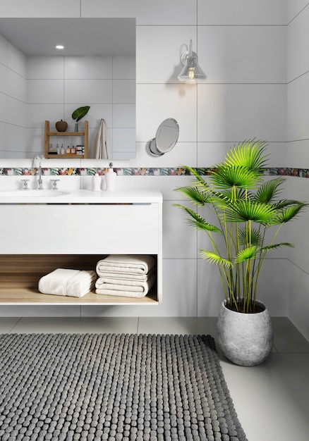 Modern badkamersbinnenland met witte betegelde muren. Mooie kamerplant op de grond. 3D-weergave
