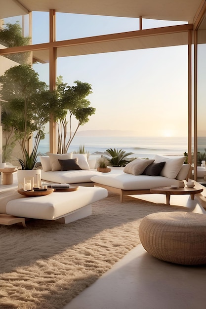 a modern balcony with a view of the ocean and palm trees
