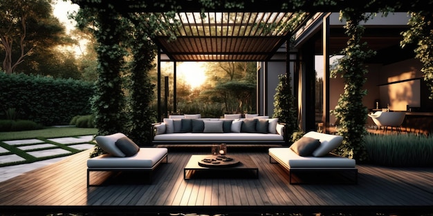 Modern balkon-patiogebouw met rustruimte voor familie in elegante stijlvolle villa of hotel