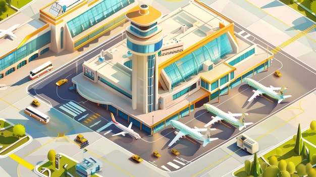 Photo modern banner with axonometric terminal building planes and passenger buses poster with isometric airport terminal planes on runway and traffic control tower