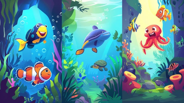 Modern banners with cartoon illustration of underwater landscape with cute wild marine animals like fish octopus and turtles