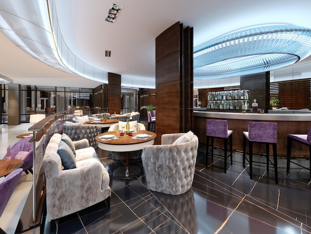 Modern bar restaurant in a luxurious modern style with elegant furniture and lighting. 3d rendering