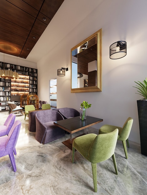 Foto bar ristorante moderno dal design trendy con libreria e armadio con libri. rendering 3d.