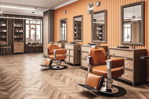 Modern barbershop interior with mirrors chair and other equipment near windows Chairs in barbershop