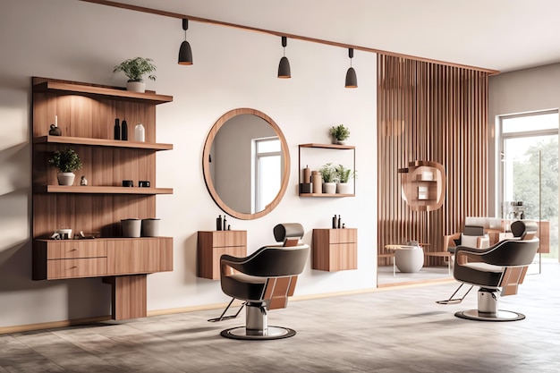 Modern barbershop interior with mirrors chair and other equipment near windows Chairs in barbershop