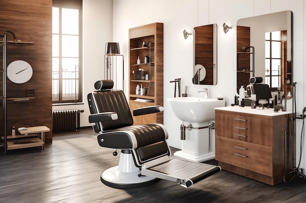 Modern barbershop interior with mirrors chair and other equipment near windows Chairs in barbershop