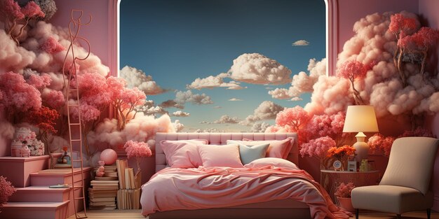 Modern barbie pink and blue bedroom with pink bed window and beautiful clouds