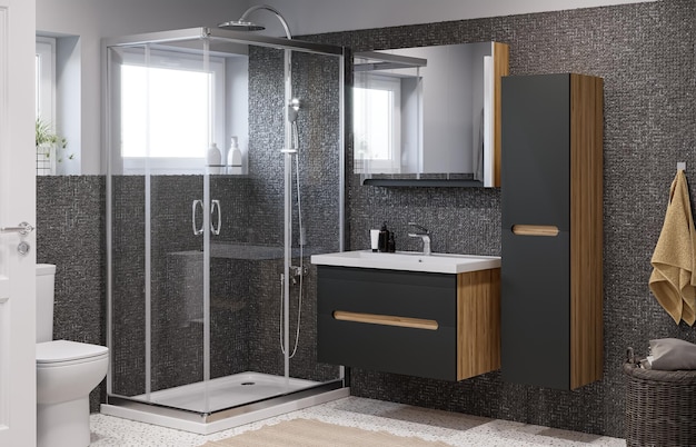 A modern bathroom design with shower cabin and bathroom cabinet.  3D Render illustration