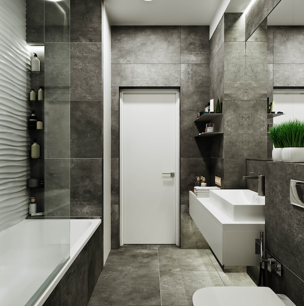 Modern bathroom design with tiles under concrete and wave