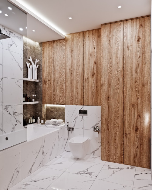 Modern bathroom design with tiles marble and wood