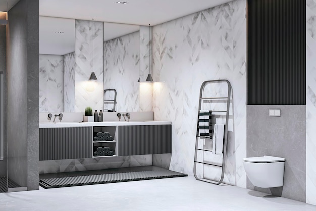 화이트 대리석 벽과 대조적인 어두운 억양을 가진 현대적인 욕실 디자인 3D 렌더링