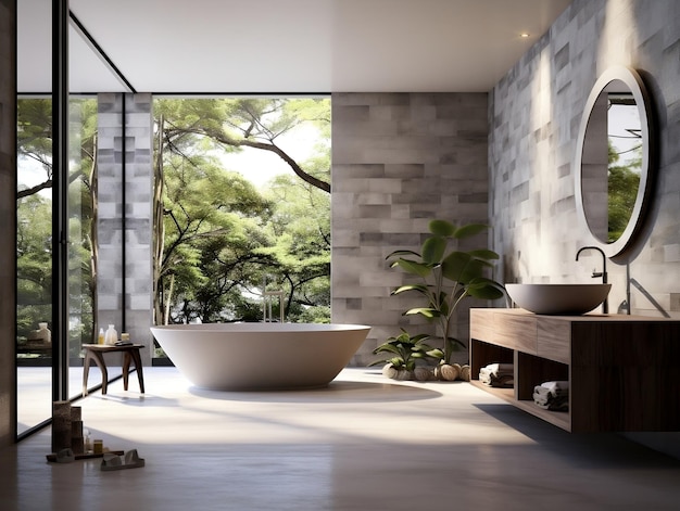 Modern bathroom featuring a natural stone countertop with an integrated a round mirror