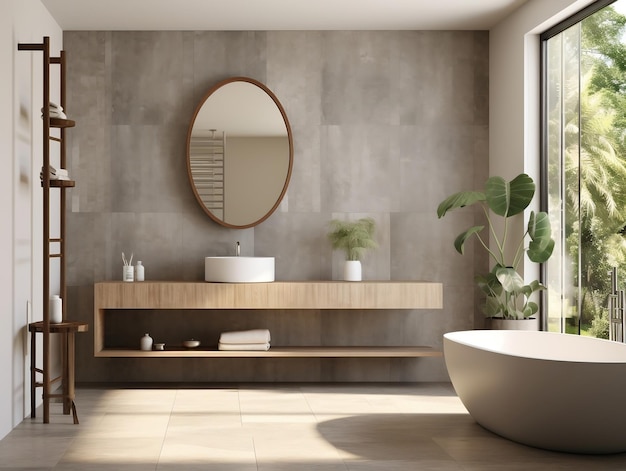 Современная ванная комната со столешницей из натурального камня и встроенным круглым зеркалом.