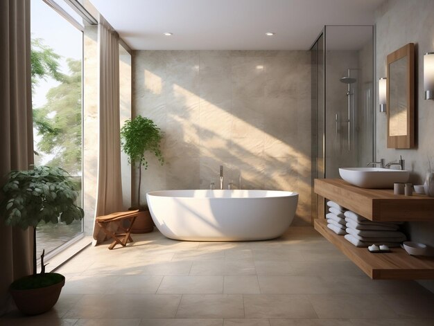 Modern bathroom featuring a natural stone countertop with an integrated a round mirror