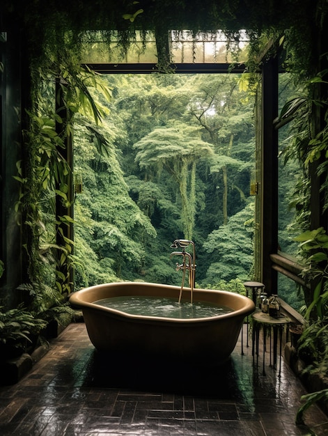 modern bathroom immersed in the forest