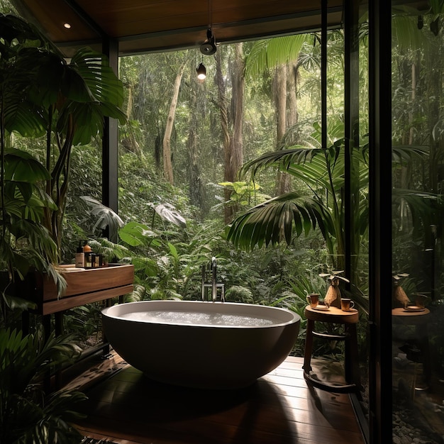 modern bathroom immersed in the forest