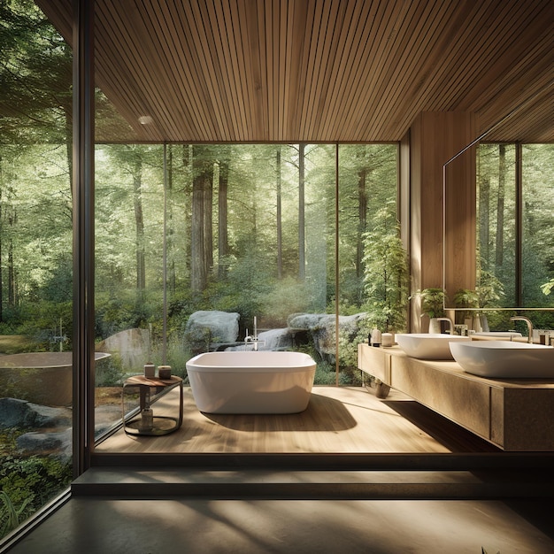 modern bathroom immersed in the forest