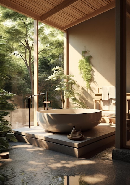 modern bathroom immersed in the forest