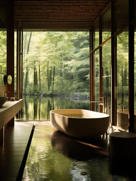 modern bathroom immersed in the forest