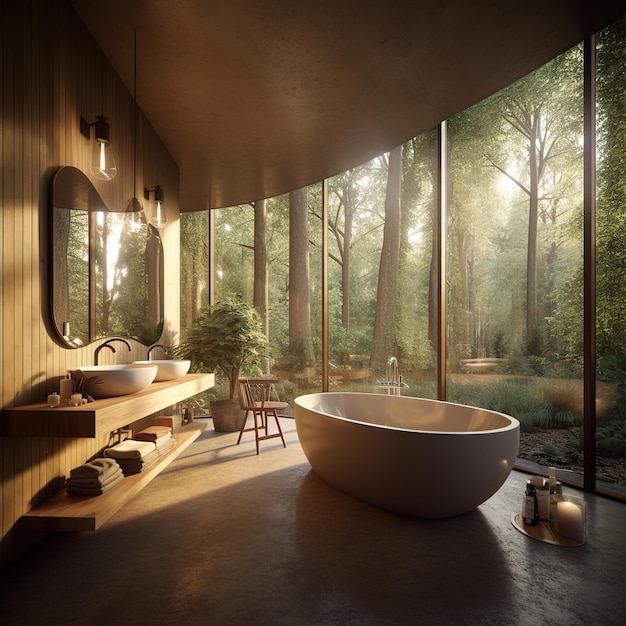 modern bathroom immersed in the forest