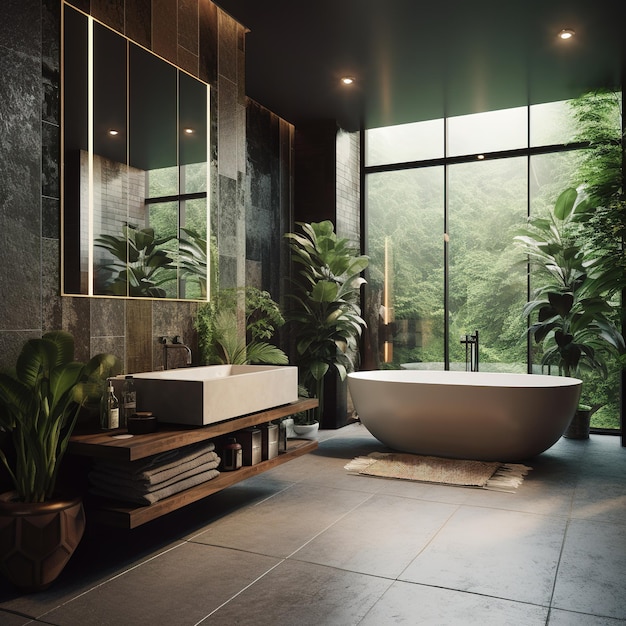 modern bathroom immersed in the forest