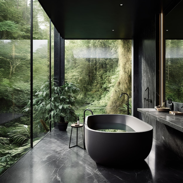 modern bathroom immersed in the forest