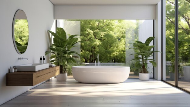 モダンなバスルームのインテリア デザイン、植物のあるミニマリストの白い屋外バスルーム