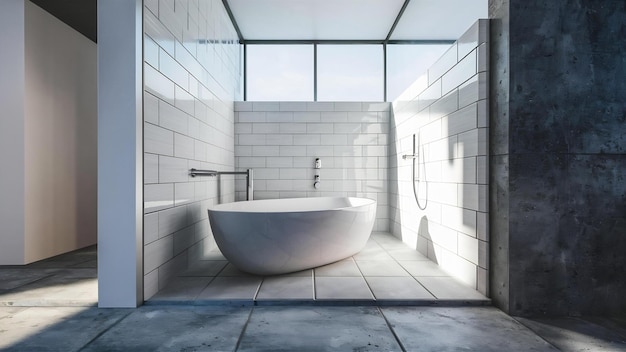 Photo modern bathroom interior designwhite bathtub on on white tile wall and concrete floor tile 3d re