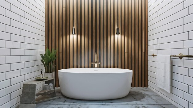 Photo modern bathroom interior designwhite bathtub on on white tile wall and concrete floor tile 3d re