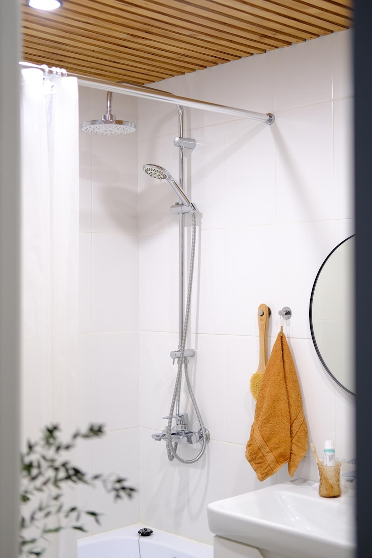 Photo modern bathroom interior in white tones with natural wood