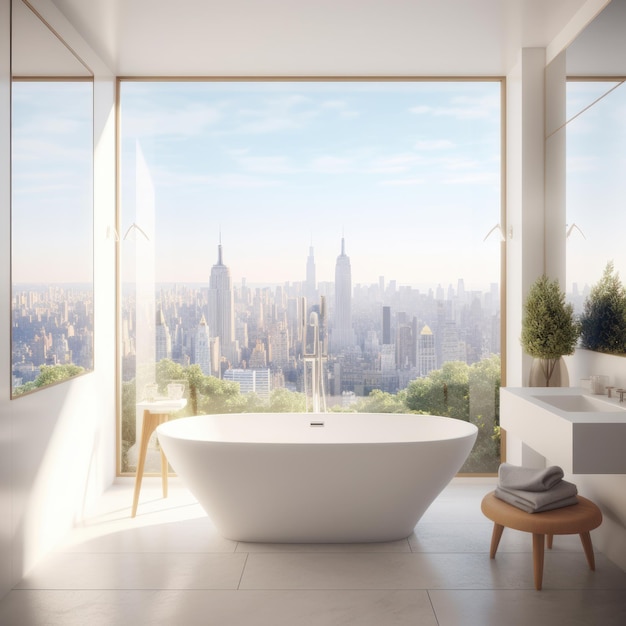 modern bathroom interior with bathtub and city view wooden chair big mirror