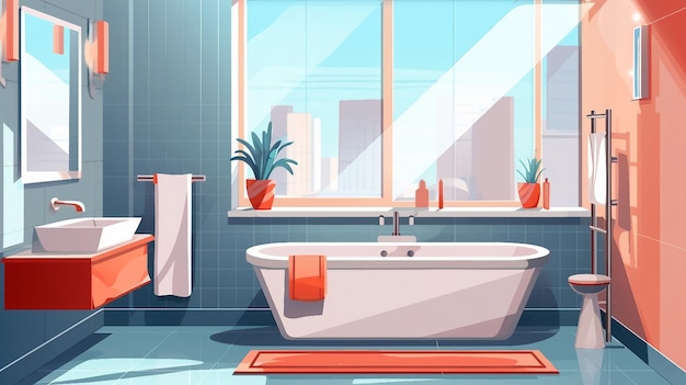 Modern bathroom interior with bathtub and large windows illustration AI Generated