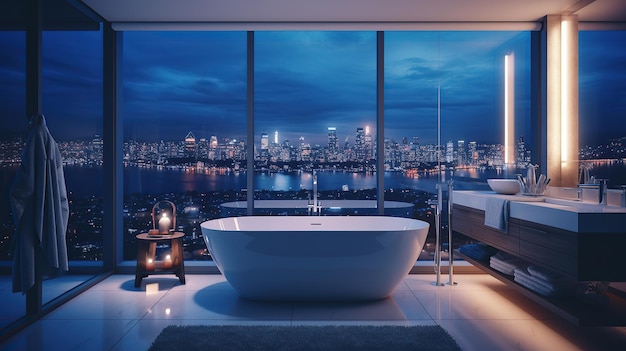 A modern bathroom interior with a beautiful view of the urban skyline during blue hour